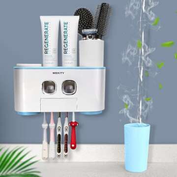 Toothbrush Holder Wall Mounted, WEKITY Multi-Functional Toothbrush and Toothpaste Dispenser for Bathroom, with 5 Toothbrush Slots, 2 Toothpaste Squeezers and 4 Cups(Blue)