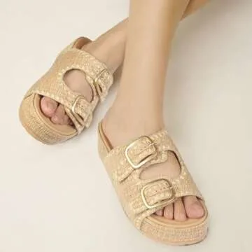 MICIFA Raffia Platform Sandals for Women, Wedges Summer Beach Sandals Comfortable Cute Woven Straw Crochet Sandals Shoes Casual Adjustable Buckle Strap Shoes