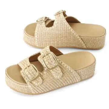 MICIFA Raffia Platform Sandals for Women, Wedges Summer Beach Sandals Comfortable Cute Woven Straw Crochet Sandals Shoes Casual Adjustable Buckle Strap Shoes