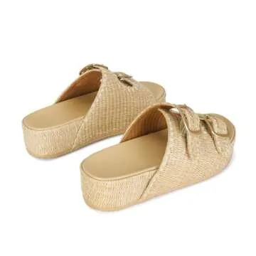MICIFA Raffia Platform Sandals for Women, Wedges Summer Beach Sandals Comfortable Cute Woven Straw Crochet Sandals Shoes Casual Adjustable Buckle Strap Shoes