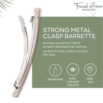 French Amie Long and Thin Rose Pink Large 4” Handmade Celluloid Automatic Sleek Hair Clip Barrette...