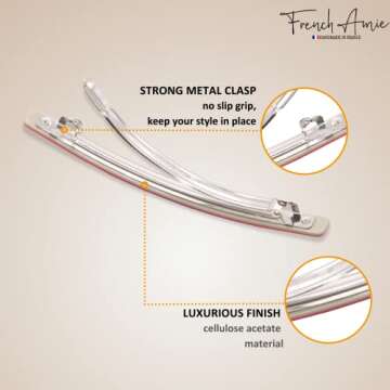 French Amie Long and Thin Rose Pink Large 4” Handmade Celluloid Automatic Sleek Hair Clip Barrette for Women and Girls (Rose Pink)