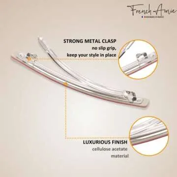 French Amie Long and Thin Rose Pink Large 4” Handmade Celluloid Automatic Sleek Hair Clip Barrette for Women and Girls (Rose Pink)