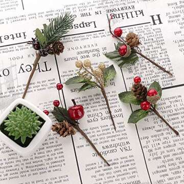 UWIOFF 20PCS Artificial Berry Picks, Christmas Pine Picks with Red Berries and Pine Cones for Christ...