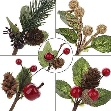 UWIOFF 20PCS Artificial Berry Picks, Christmas Pine Picks with Red Berries and Pine Cones for Christmas DIY Crafts Gift Wrapping Flower Arrangements Wreaths Holiday Floral Picks Christmas Decorations