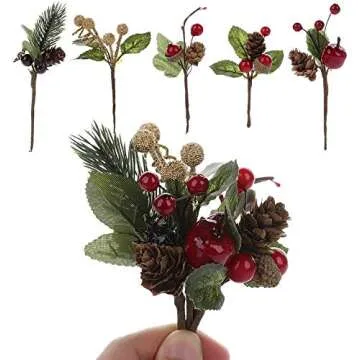 UWIOFF 20PCS Artificial Berry Picks, Christmas Pine Picks with Red Berries and Pine Cones for Christmas DIY Crafts Gift Wrapping Flower Arrangements Wreaths Holiday Floral Picks Christmas Decorations