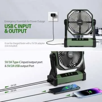 AddAcc 20000mAh Battery Powered Fan, Portable Rechargeable Camping Fan with Light and Hook, 270° Pivot 4 Speeds Battery Operated Outdoor Fan for Tent Car Trip Sleep Hurricane Power Outages