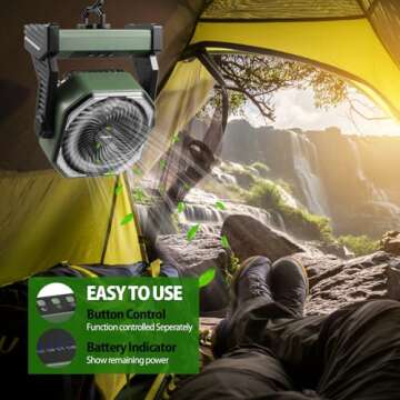 AddAcc 20000mAh Battery Powered Fan, Portable Rechargeable Camping Fan with Light and Hook, 270° Pivot 4 Speeds Battery Operated Outdoor Fan for Tent Car Trip Sleep Hurricane Power Outages