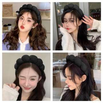 AOENJIE Spa Headbands for Washing Face or Makeup, Sponge Bubble Skincare Headbands, Puffy Terry Cloth Hairband for Women, Skin Care Makeup Headwear Hair Accessories for Girls(Black)