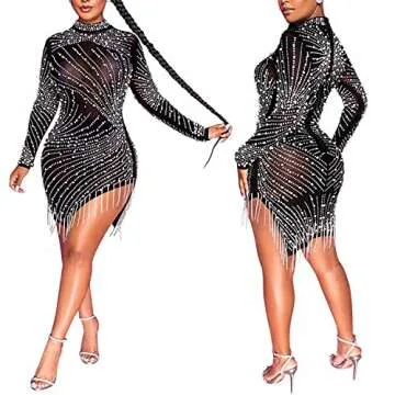 Ranfare Birthday Dress for Women Long Sleeve Rhinestone Dress Nightclub Dress Party Dresses Type A (Black-1, XL)…