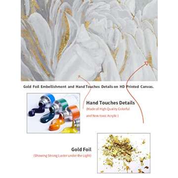 Goldfoilart Flower Wall Art Floral Decor Modern White Blooming Pictures with Gold Foil Paintings Framed Artwork for Living Room Bedroom Kitchen Decorations 24" x 24" x 2 Pcs