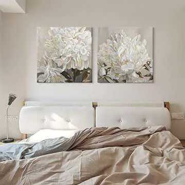 Goldfoilart Flower Wall Art Floral Decor Modern White Blooming Pictures with Gold Foil Paintings Framed Artwork for Living Room Bedroom Kitchen Decorations 24" x 24" x 2 Pcs