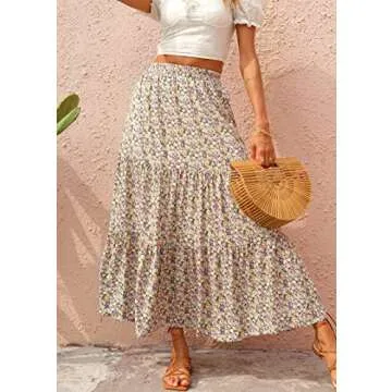 KIRUNDO Women's 2025 Spring Summer High Waist Boho Floral Maxi Skirt Casual Flowy Swing Pleated A Line Beach Long Skirts (Purple, Small)
