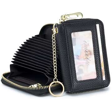 imeetu RFID Credit Card Holder, Small Leather Zipper Card Case Wallet with Keychain and ID Window fo...