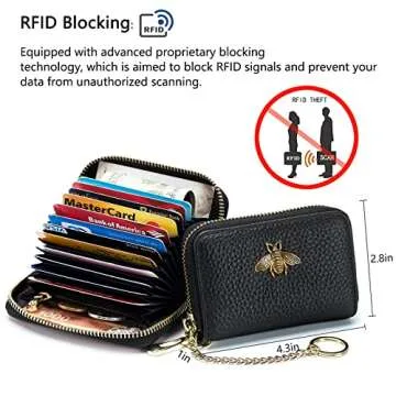 imeetu RFID Credit Card Holder, Small Leather Zipper Card Case Wallet with Keychain and ID Window for Women (Pro,Black)