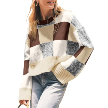 Saodimallsu Womens Checkered Cropped Oversized Color Block Sweater in Brown