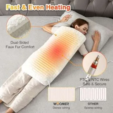 Woomer Faux Fur Electric Heating Pad for Back Pain Relief, Extra Large 17” x 33”, Extended Coverage from Neck to Hip, Two-Sided, Moist Mode, ETL Certified, 6 Adjustable Heats & 2H Auto-Off,White