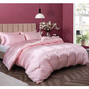 P Pothuiny 5 Pieces Satin Duvet Cover Full/Queen Size Set, Luxury Silky Like Blush Pink Duvet Cover Bedding Set with Zipper Closure, 1 Duvet Cover + 4 Pillow Cases (No Comforter)