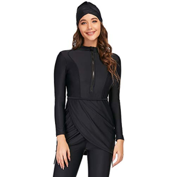 Seafanny Women Muslim Swimwear Long Sleeve Burkini Full Cover Hijab Modest Swimsuit (Black, 4-6)
