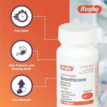 Rugby Ultra Strength Simethicone Gas Relief 180 mg - Maximum Gas Relief for Adults - Anti Flatulence, Bloating Aid, and Gas Fullness Reliever Pills - 60 Softgels (1 Pack)