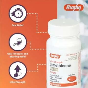 Rugby Ultra Strength Simethicone Gas Relief 180 mg - Maximum Gas Relief for Adults - Anti Flatulence, Bloating Aid, and Gas Fullness Reliever Pills - 60 Softgels (1 Pack)