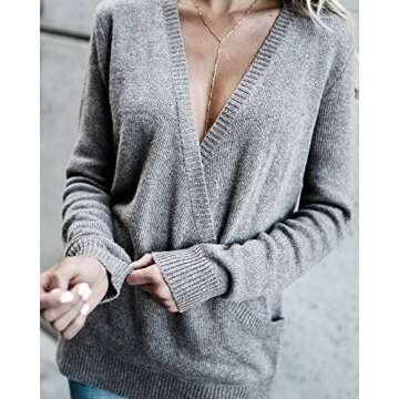 PRETTYGARDEN Women's Knitted Deep V-Neck Long Sleeve Wrap Front Loose Sweater Pullover Jumper (Grey, Medium)