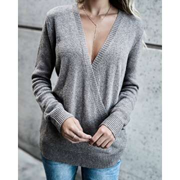 PRETTYGARDEN Women's Knitted Deep V-Neck Long Sleeve Wrap Front Loose Sweater Pullover Jumper (Grey, Medium)
