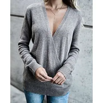 PRETTYGARDEN Women's Knitted Deep V-Neck Long Sleeve Wrap Front Loose Sweater Pullover Jumper (Grey, Medium)