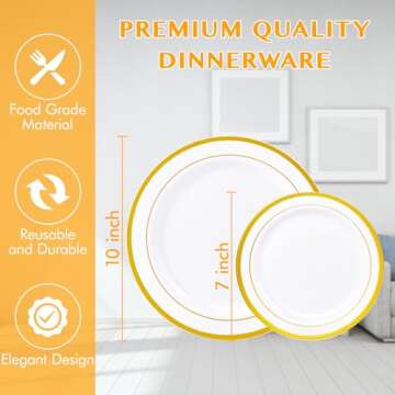 JollyPack 100 Piece Disposable Gold Plastic Party Plates, Including 50 10 Inch Dinner Plates and 50 7 Inch for Dessert, Great for Parties, Weddings, Home Use, and Christmas
