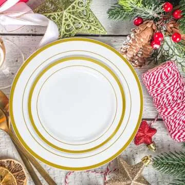 JollyPack 100 Piece Disposable Gold Plastic Party Plates, Including 50 10 Inch Dinner Plates and 50 7 Inch for Dessert, Great for Parties, Weddings, Home Use, and Christmas