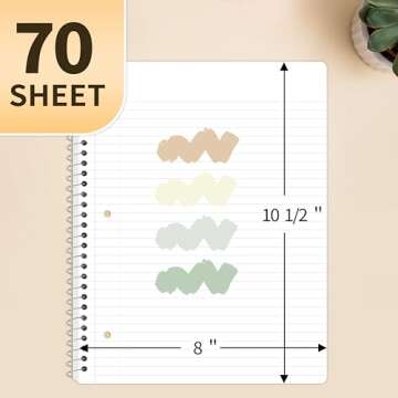 SUNEE Spiral Notebooks College Ruled, 1-Subject, 4 Pack, 8 x 10-1/2 inch, 70 Sheets per Notebook,3-H...