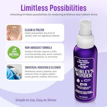 Worley's Wonder Jewelry & Glass Cleaner (4 Ounce Spray Bottle) - Jewelry Cleaner Spray for Gold, Silver, Diamonds, Gemstones, Glass, Marble, Electronics (4.00 Fl Oz (Pack of 1))