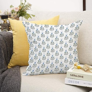MangGou Blue Lotus Flower Pillow Cover Blue and White Flower Throw Pillow Floral Pillow High End Pillow Accent Pillows for Sofa Couch Chair 18in Birthday Gift
