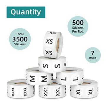 3500 Pcs 7 Sizes 7/8 Inch Clothing Size Stickers Labels Rolls, Labelchoice Black Round Self Adhesive Apparel Size Labels Stickers for Clothing T Shirts Trousers Skirt Retail (XS,S,M,L,XL,XXL,XXXL)