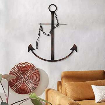 Nautical Anchor Wall Decor, Antique Metal Anchor Art Wall Decor With Chain for Bedroom Living Room D...