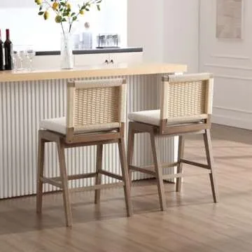 HEAH-YO Modern Counter Stools Set of 4, 27.25 Inches Counter Height Bar Stools with Woven Backrests and Wood Legs, Upholstered Linen Woven Bar Stools for Kitchen Island, Beige