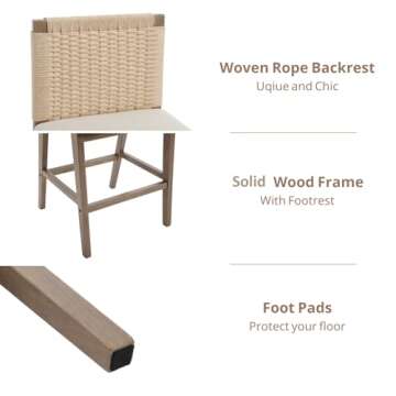 HEAH-YO Modern Counter Stools Set of 4, 27.25 Inches Counter Height Bar Stools with Woven Backrests and Wood Legs, Upholstered Linen Woven Bar Stools for Kitchen Island, Beige