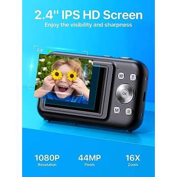 1080P Digital Camera for Kids and Teens - 32GB SD Card, 16X Zoom, Compact and Portable Point-and-Shoot Camera - Black