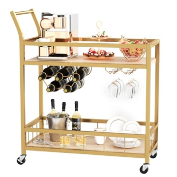 Furmax Bar Cart Gold Home Industrial Mobile Bar Cart Serving Wine Cart on Wheels with Wine Rack and ...