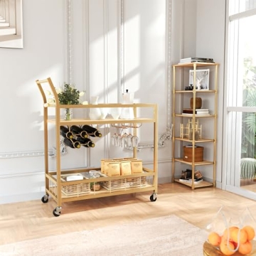 Furmax Gold Mobile Bar Cart with Wine Rack for Home