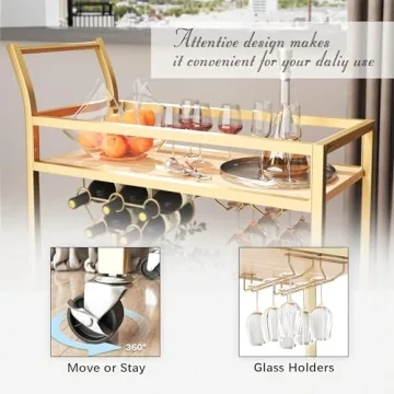 Furmax Gold Mobile Bar Cart with Wine Rack for Home