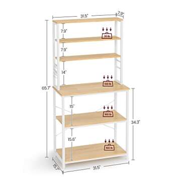 VASAGLE Coffee Bar, 31.5 Inches Baker's Rack for Kitchen with Storage, 6-Tier Kitchen Shelves with 6 Hooks, Microwave Stand, Industrial, Oak Colour and White UKKS019W09