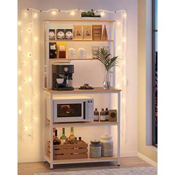 VASAGLE Coffee Bar, 31.5 Inches Baker's Rack for Kitchen with Storage, 6-Tier Kitchen Shelves with 6 Hooks, Microwave Stand, Industrial, Oak Colour and White UKKS019W09