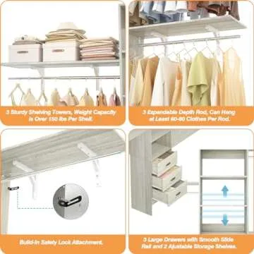 Armocity 96 Inches Closet System, 8FT Walk In Closet Organizer with 3 Shelving Towers, Heavy Duty Clothes Rack with 3 Drawers, Built-In Garment Rack, 96"L x 16"W x 75"H, Load 1000 LBS, White Oak