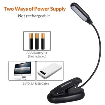 LEPOWER Clip on Book Light/Reading Light/Clip Light with 5 LED Eye Care, 3 Color Changeable, Portable Reading Lamp, Battery & USB Operated, Bed Light for Kids, Bookworms, Students(Black)