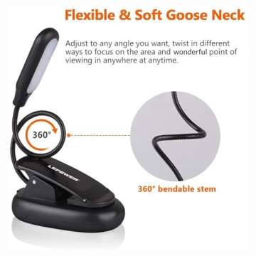 LEPOWER Clip on Book Light/Reading Light/Clip Light with 5 LED Eye Care, 3 Color Changeable, Portable Reading Lamp, Battery & USB Operated, Bed Light for Kids, Bookworms, Students(Black)