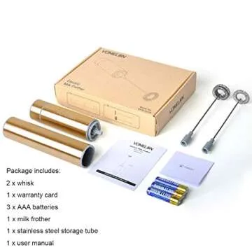 Milk Frother Handheld, Battery Operated Coffee Foamer Drink Mixer with 2 Stainless Steel Electric Whisks for Coffee, Latte, Cappuccino, Hot Chocolate, Protein， Batteries Included, Golden