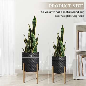 Oakrain Mid Century Planters for Indoor Plants, Set of 2, Modern Decorative Metal Planter Pots for Living Room, Office, Garden or Balcony, Black Planter with Stand, 8 inch & 10 inch