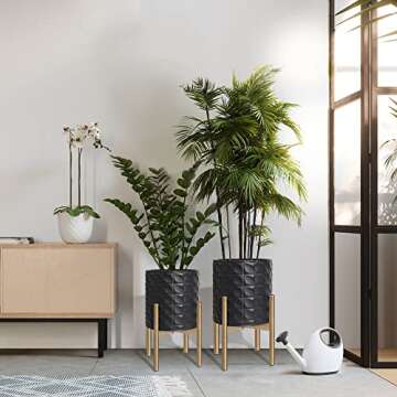 Oakrain Mid Century Planters for Indoor Plants, Set of 2, Modern Decorative Metal Planter Pots for Living Room, Office, Garden or Balcony, Black Planter with Stand, 8 inch & 10 inch