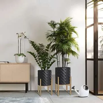 Oakrain Mid Century Planters for Indoor Plants, Set of 2, Modern Decorative Metal Planter Pots for Living Room, Office, Garden or Balcony, Black Planter with Stand, 8 inch & 10 inch